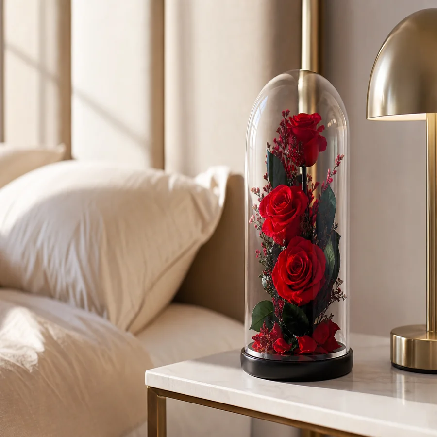 Red preserved roses on a marble entryway console