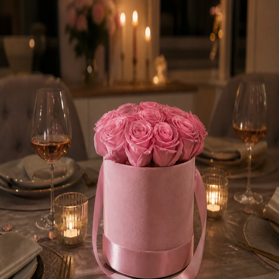 Glass dome rose arrangement on a bedside table