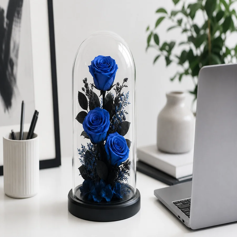 Black dome roses styled in a modern living room