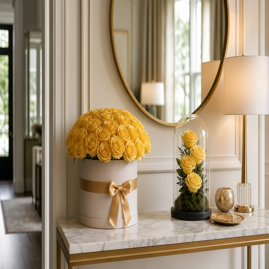 Yellow preserved roses in a bright kitchen setting