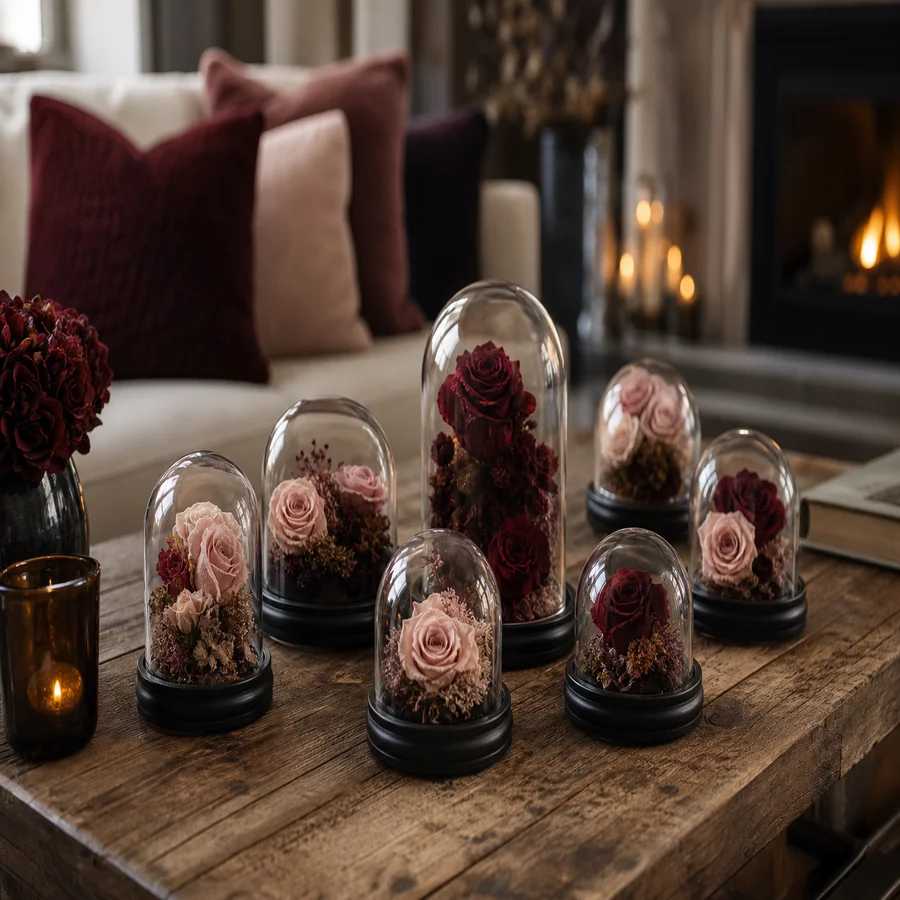 Blue preserved roses on a desk in a home office